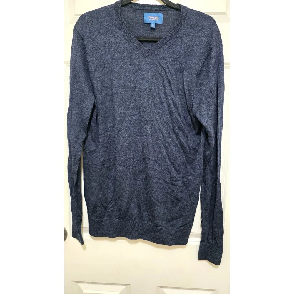 Fairlane Men's V-Neck Granp Core Sweater M 100% Merino Wool Navy Blue